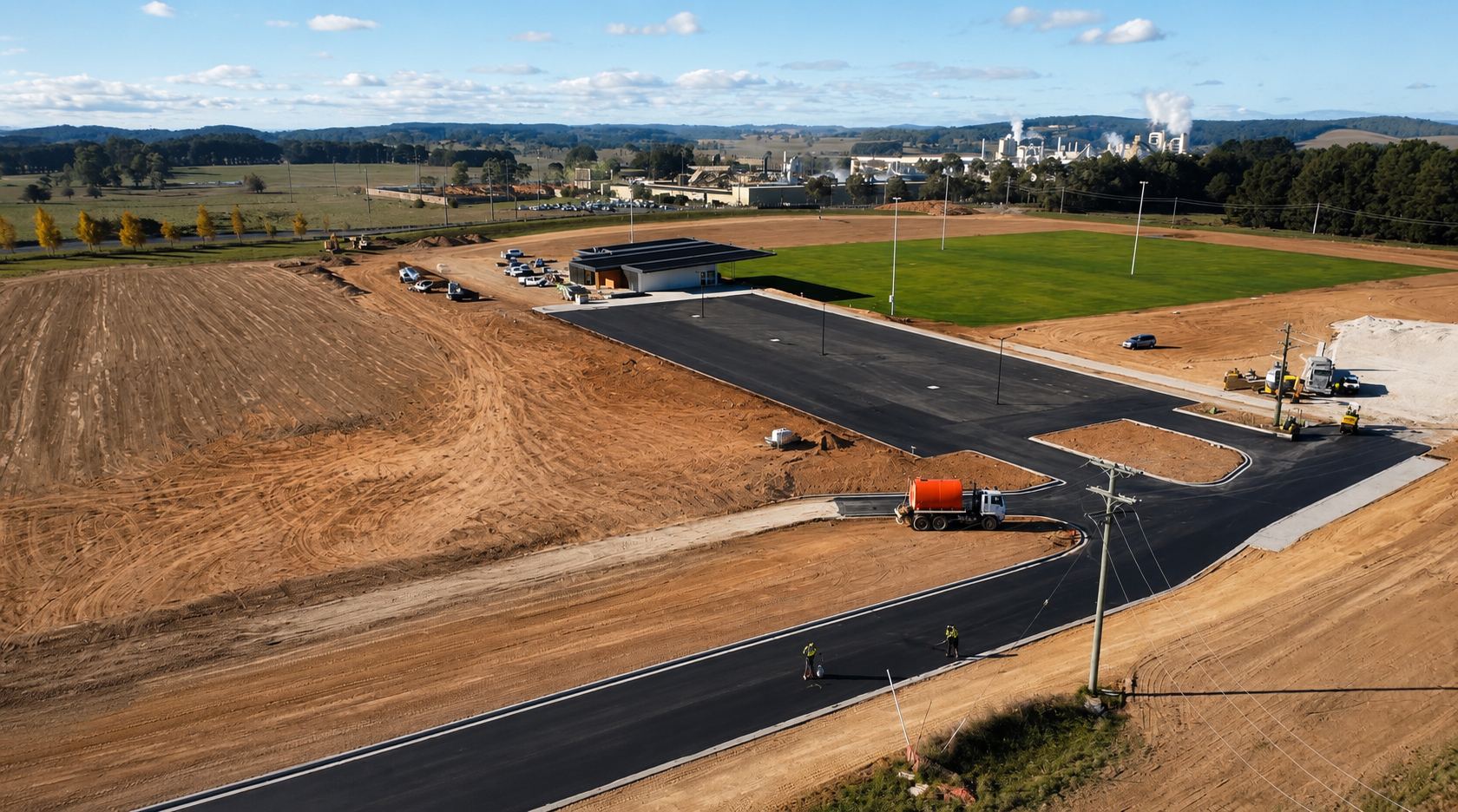 Aerial view of a TMEX Group asphalt car park and access road under construction in Central West NSW